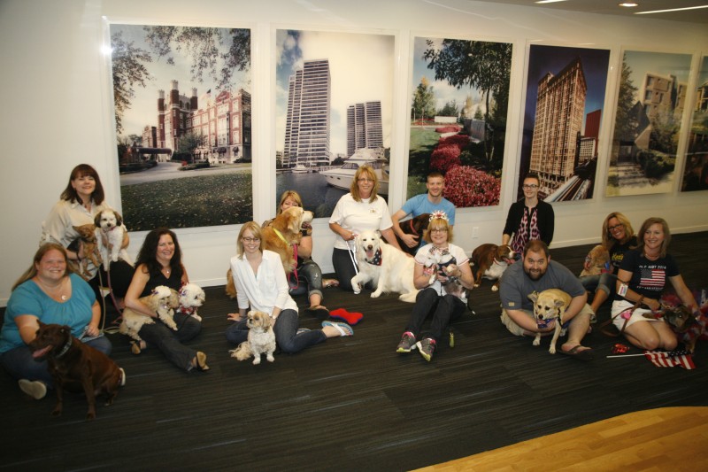 Office employees sit and kneel on the floor while posing for a photo with their dogs.