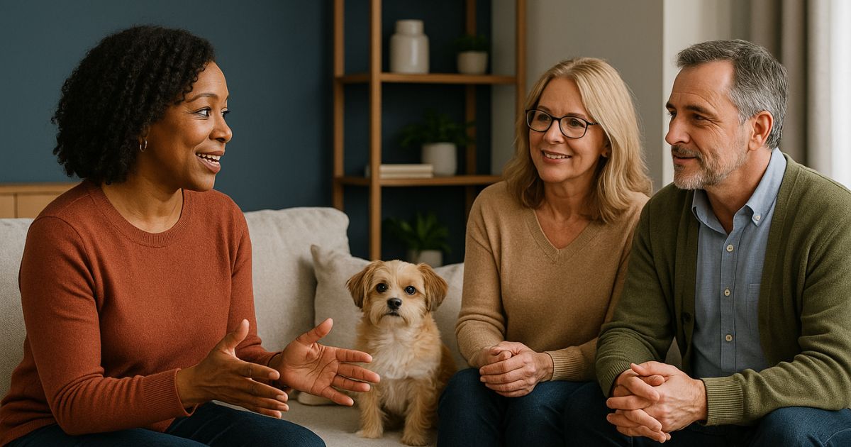 Pet sitter sits on couch talking to a couple who are potential clients with their dog