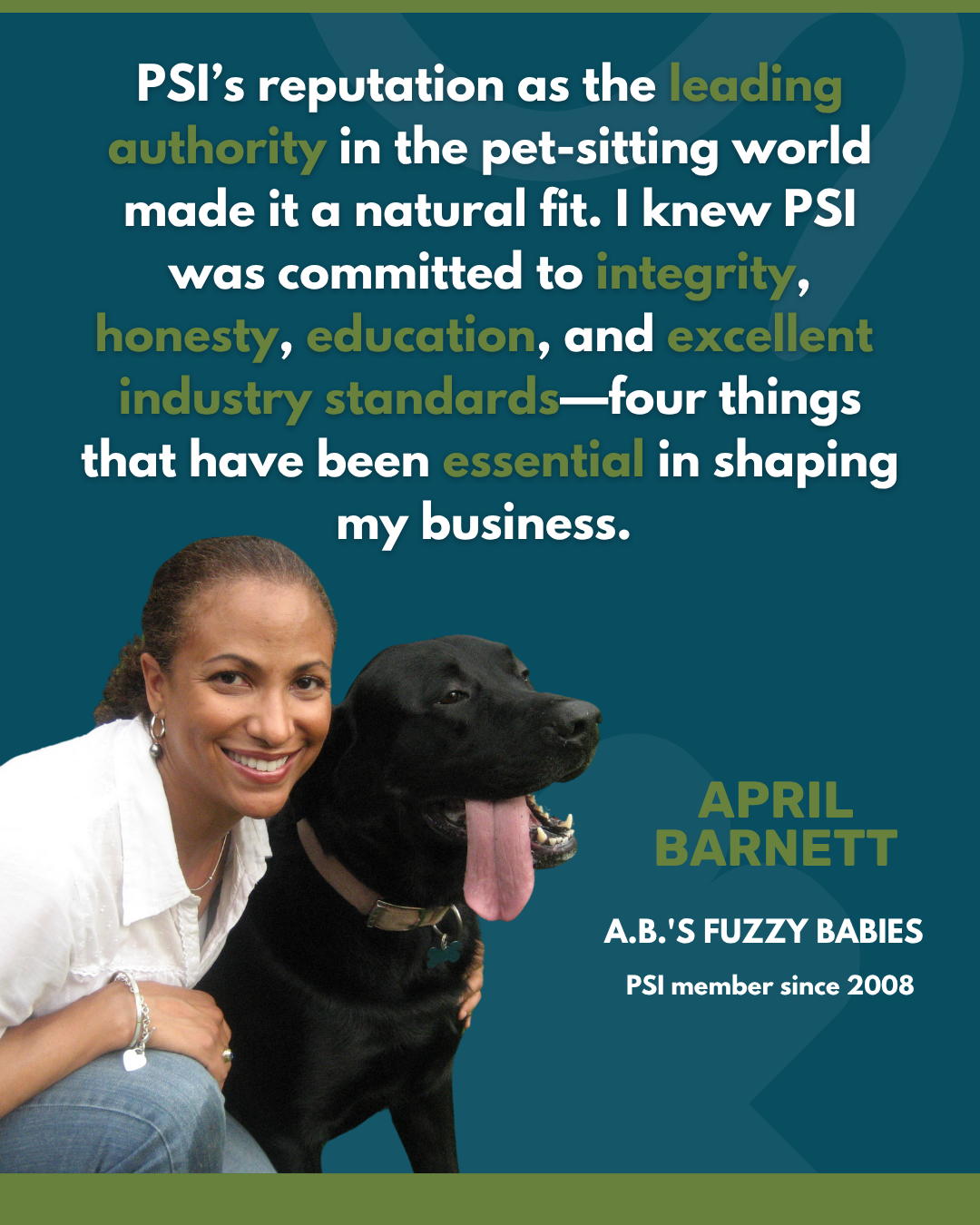 PSI member pet sitter April Barnett wearing a white collared shirt and embracing a black Labrador.